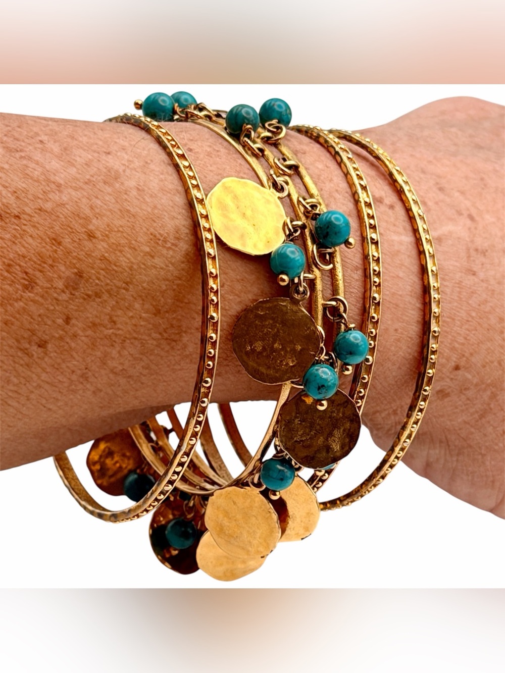 Bronzallure Gold-Tone Bangles genuine Turquoise Beads Italian Bronze Jewelry